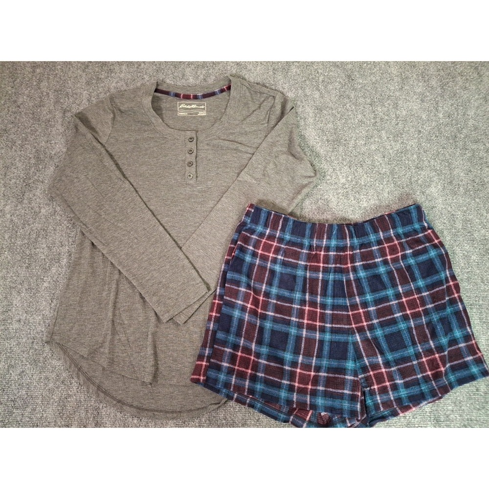 Eddie Bauer Waffle Fleece Sleep Set Womens Plaid Henley, Gray, Medium, NWOT